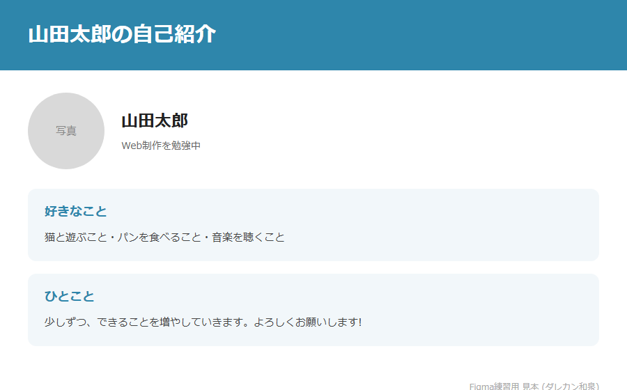 見本: 青いヘッダーに名前、左に丸い写真の場所、下に「好きなこと」「ひとこと」の2つの水色ブロックがある自己紹介ページの設計図